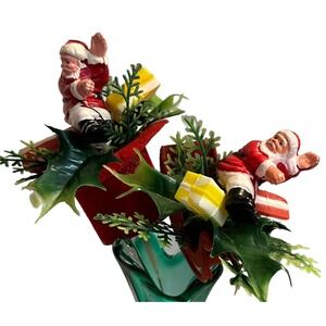 Vtg 2 Christmas Holly Floral Pick Plastic Blow Mold Flocked Waving Santa Sleigh